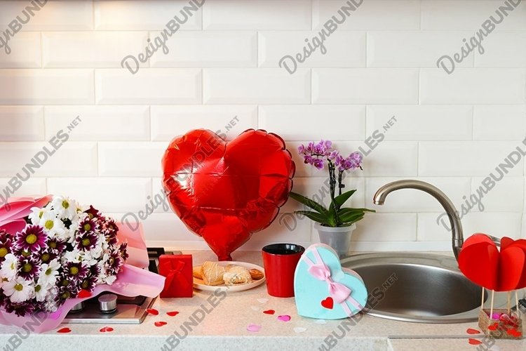 Valentines Day and kitchen interior with flowers, gift box example image 1