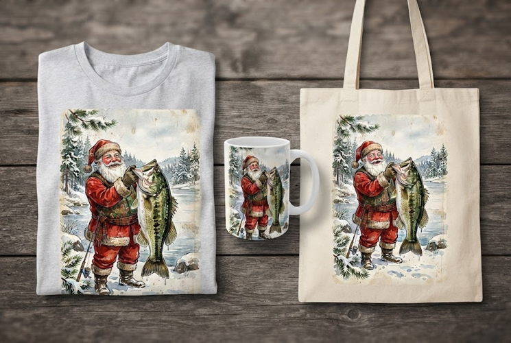 Vintage Santa Fishing with Bass Watercolor Art 46 characters