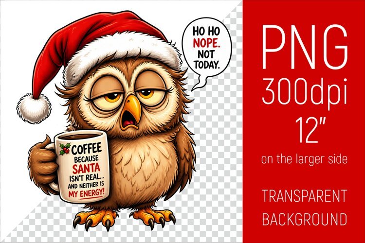 Funny Morning Coffee Owl in Santa Hat | Christmas Clipart example image 1