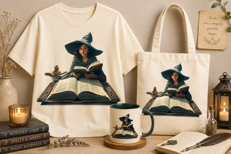 Witch Reading Book PNG | Dark Academia Witch Clipart