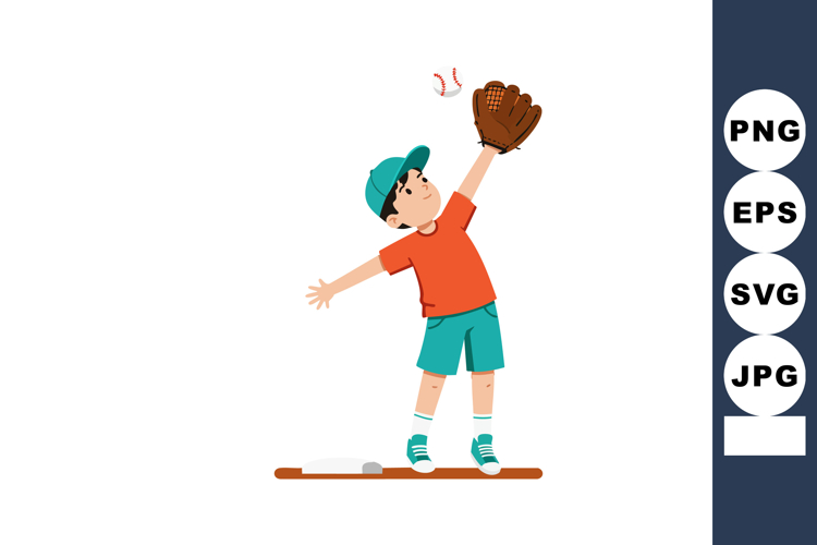 Boy catching baseball with glove in casual sportswear vector