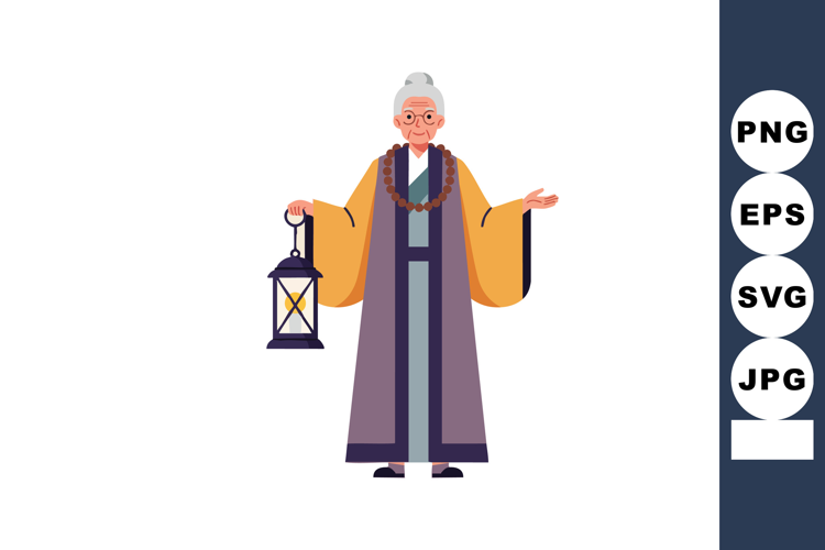 Elderly woman holding lantern in traditional robe spiritual