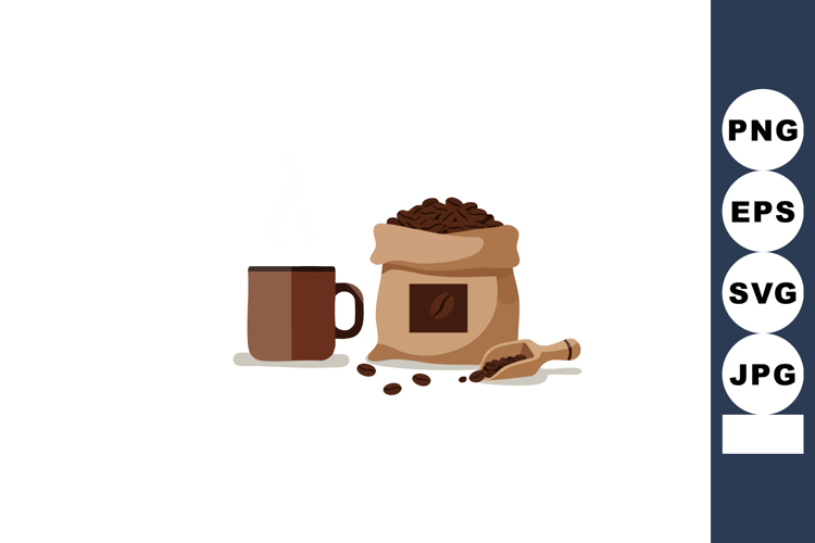 Coffee beans in sack with brown cup and wooden scoop vector