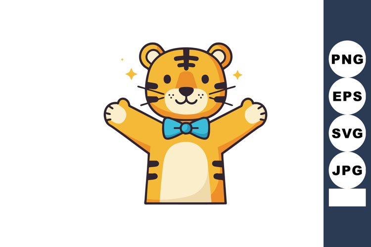 Cute cartoon tiger with blue bow tie cheerful happy animal c