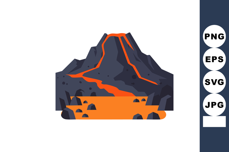 Volcano with lava flowing from crater and rocky terrain vect