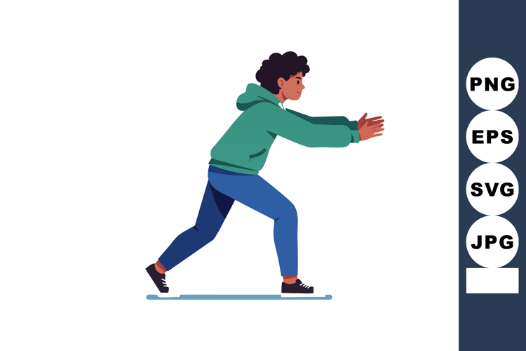 Young person in green hoodie pushing forward in dynamic acti