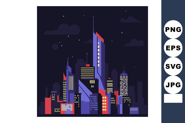 Night cityscape with illuminated skyscrapers in dark blue an