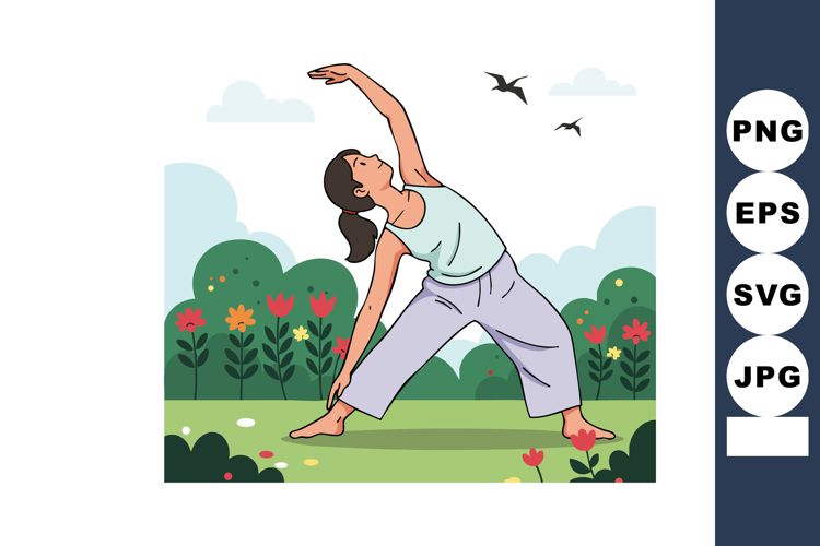 Woman practicing yoga outdoors in garden with birds and flow