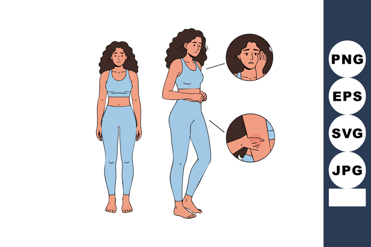 Woman with stomach pain and discomfort in blue outfit standi