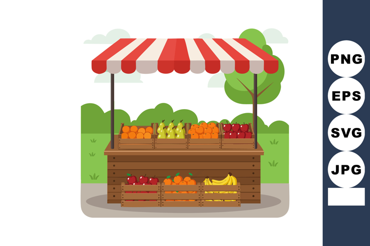 Outdoor fruit stand with red and white striped canopy sellin