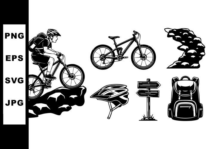 Mountain Biking Equipment and Rider Silhouettes Vector Set f