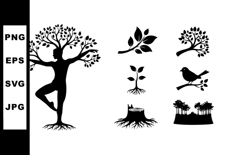 Tree silhouette with human figure and nature elements includ