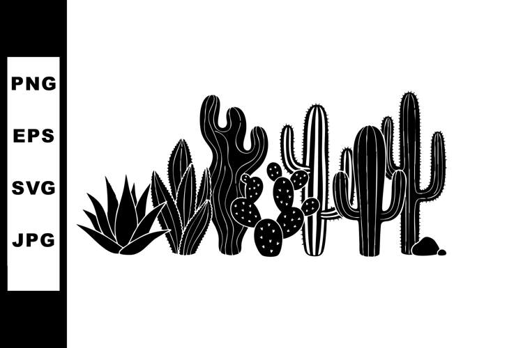 Cactus and succulent plants vector illustration in black sil