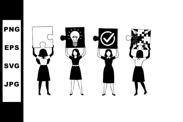 Women holding symbolic puzzle pieces with idea checkmark and