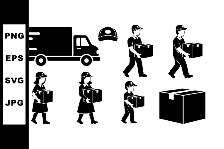 Delivery man and woman carrying boxes with delivery truck an