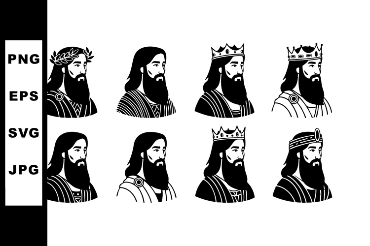 Bearded man and king head illustrations with crowns and robe