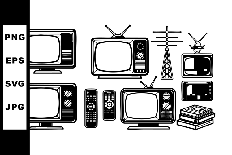 Vintage black and white television set collection with anten