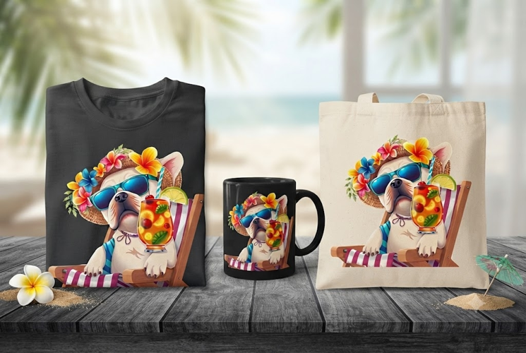 Relaxing Bulldog Summer Beach PNG Tropical Dog Clipart Desig