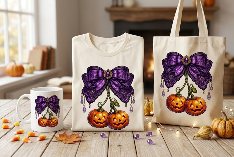 Purple Gothic Halloween Bow with Jack O'Lantern Pumpkins PNG