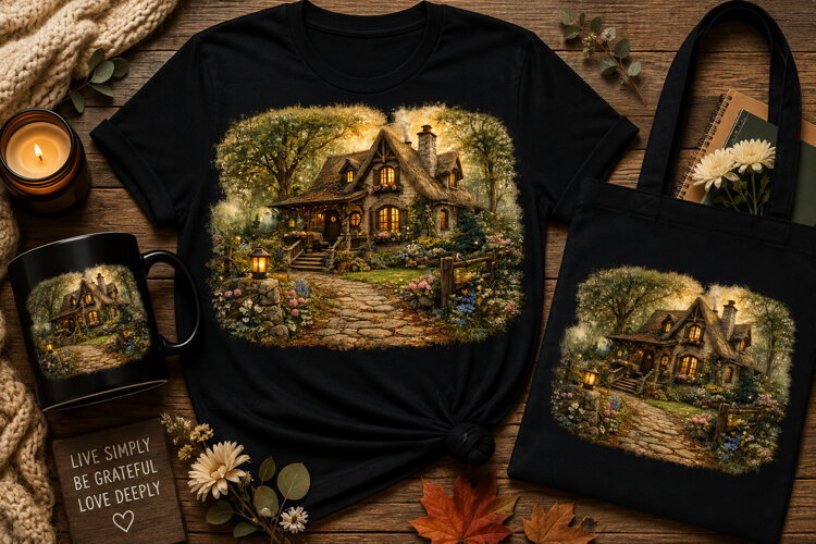 Cozy Cottage PNG | Rustic Cottagecore Sublimation Design example image 1