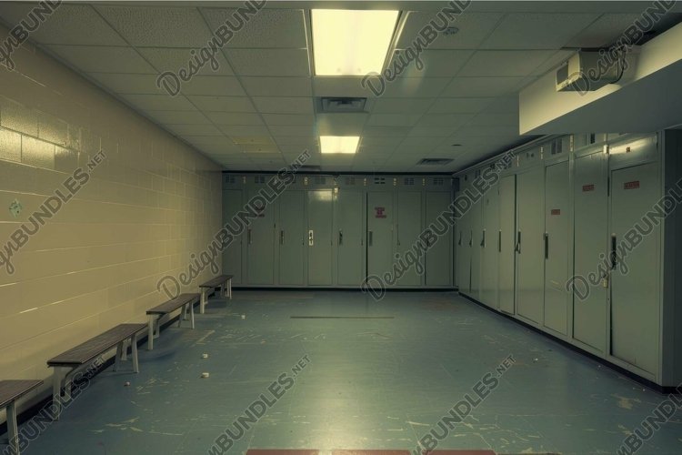 Empty school hallway with lockers and benches example image 1