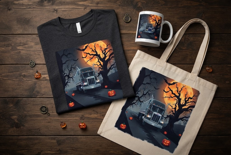 Semi Truck on Haunted Road Halloween Design with Pumpkins