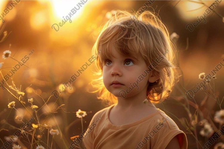 Young child looking up in wonder at golden hour sunset