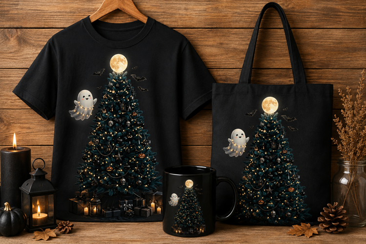 Teal Halloween Christmas Tree with Cute Ghost Art Print