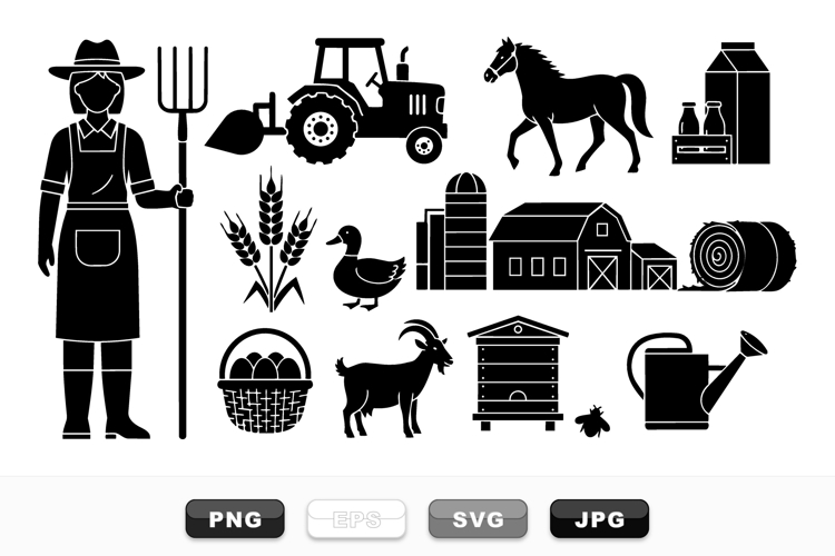Farm Animals And Equipment Silhouette Vector Set