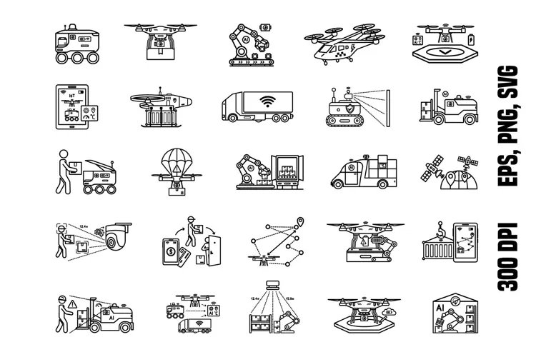 Line Autonomous Logistics and Drone Delivery Icons