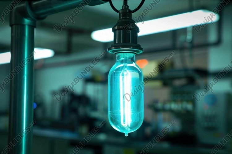 Modern designer blue lightbulb hanging in workshop setting