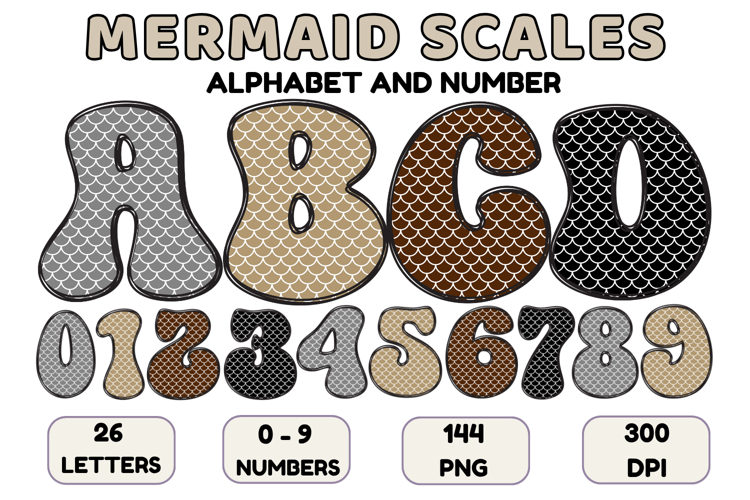 Mermaid Scales Alphabet Letters & Numbers Clipart PNG 300DPI