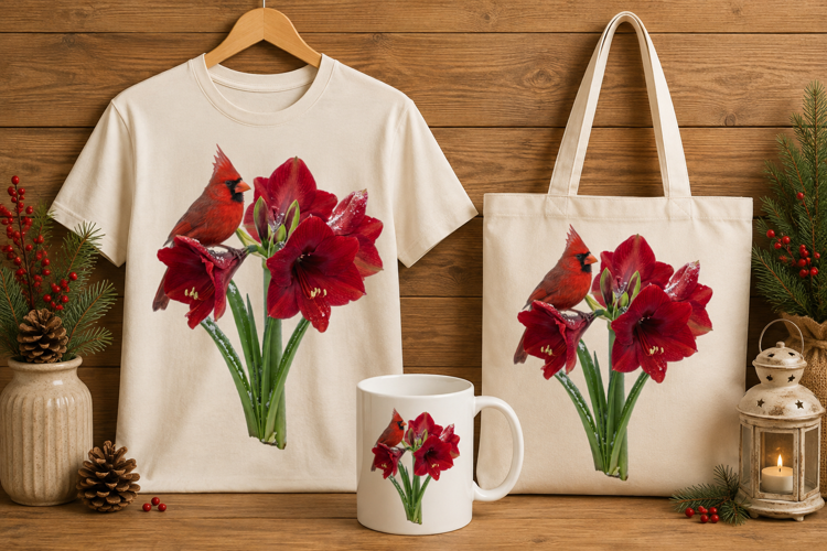 Cardinal on Red Amaryllis Flower Winter Holiday Art Print