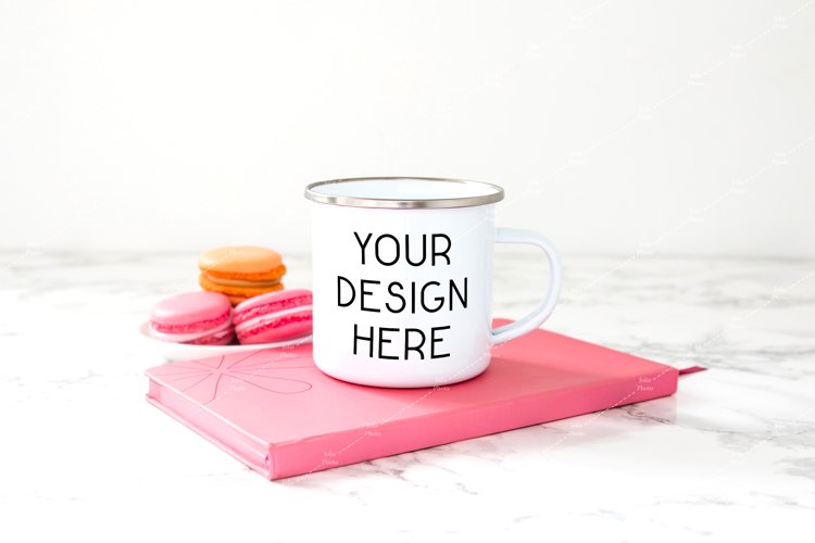 Mug Mockup Enamel White Coffee Cup Macarons Mock up example image 1