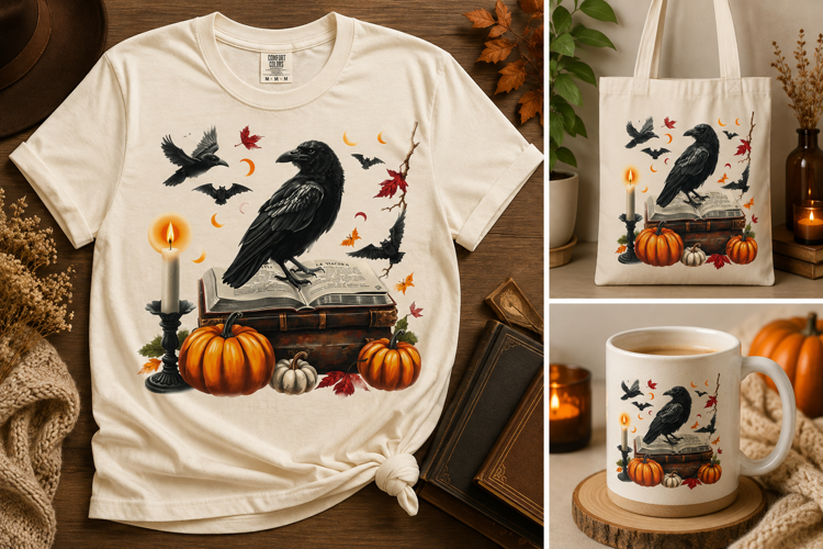 Halloween Raven PNG | Gothic Crow, Books, Pumpkins & Bats