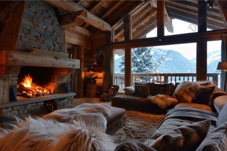 Burning fireplace warming a cozy living room in log cabin ov example image 1