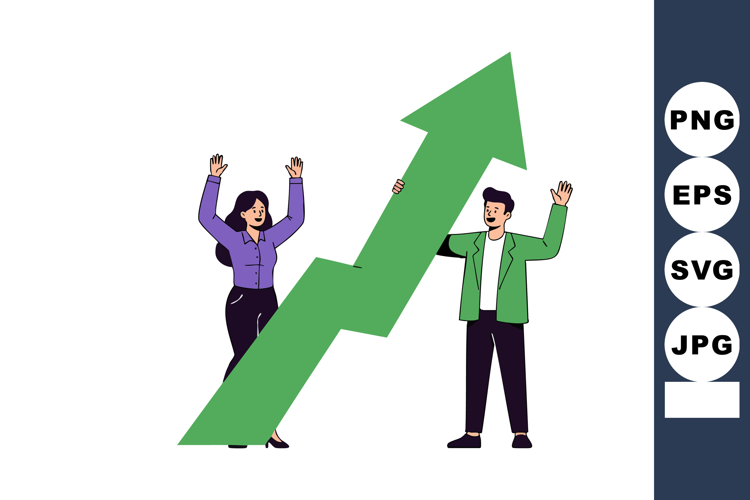 Business growth concept with man and woman holding green upw