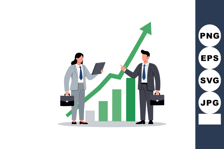 Business professionals analyzing growth chart with upward ar
