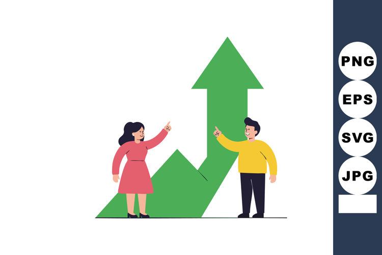 Business growth concept with man and woman pointing at green