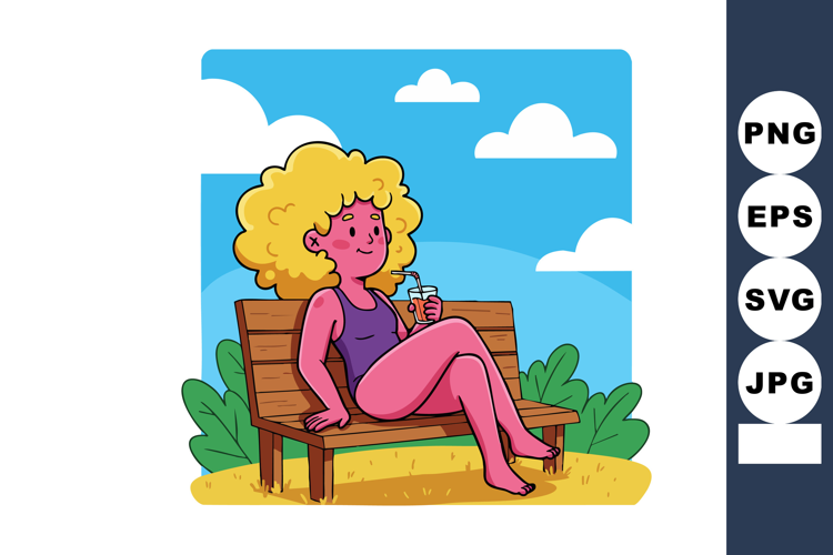 Woman relaxing on park bench drinking juice in sunny summer