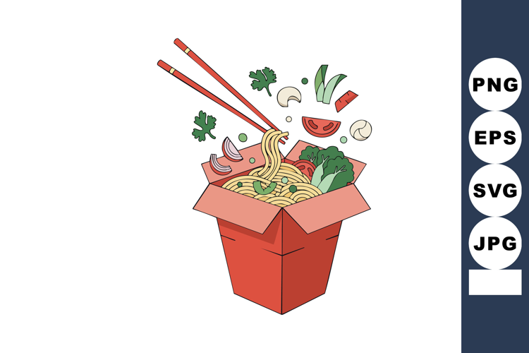 Asian-style takeout box with noodles and fresh vegetable ing