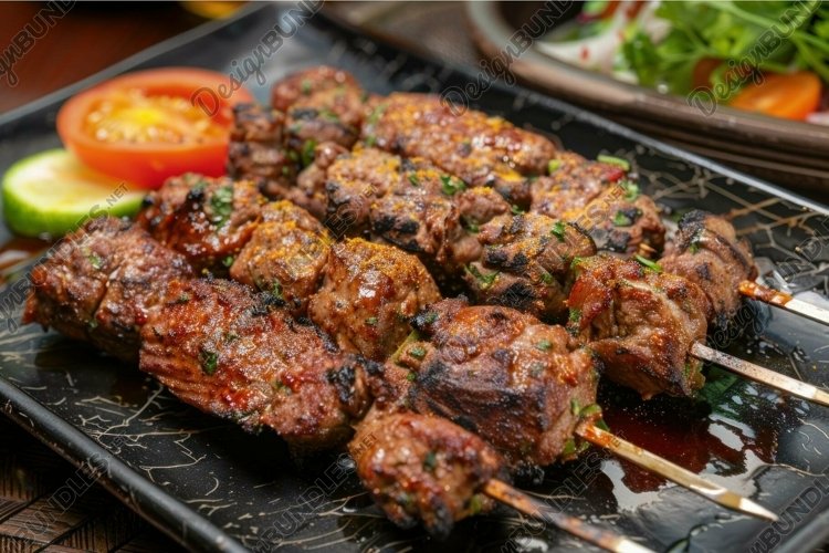 Succulent grilled skewers on plate with fresh vegetables