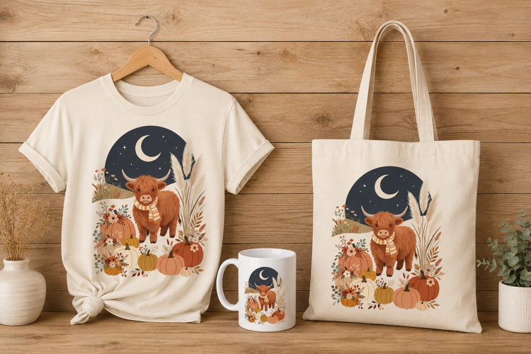 Highland Cow Fall Pumpkins and Pampas Grass Art PNG