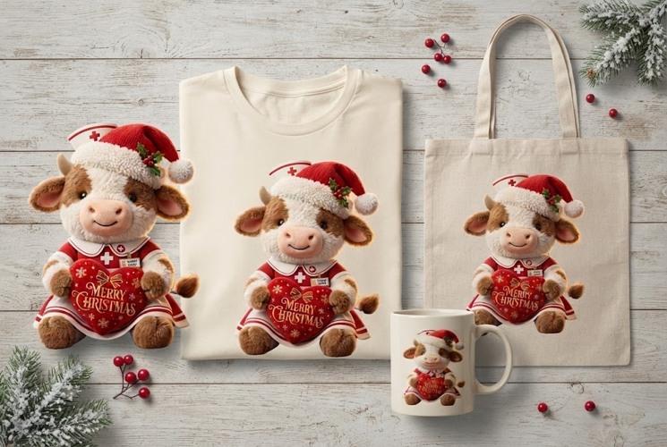 Christmas Nurse Cow Plush Heart Holiday Art Print