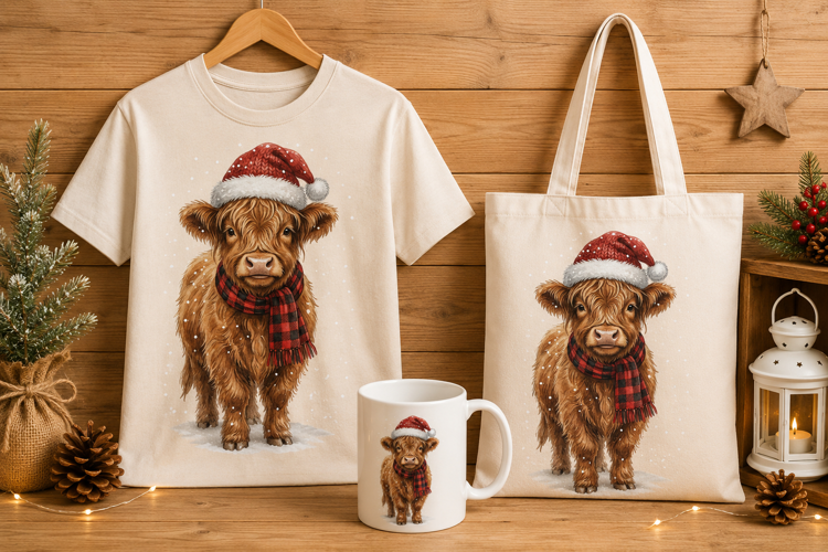 Highland Cow in Santa Hat and Buffalo Plaid Scarf Art
