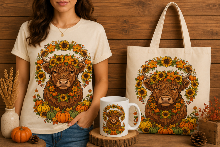 Sunflower Highland Cow Fall Wreath Autumn Pumpkin Design