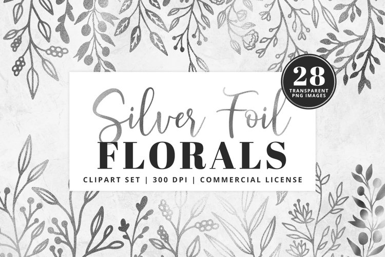 Silver Foil Floral Clipart Set | 28 Pcs | Transparent PNG example image 1