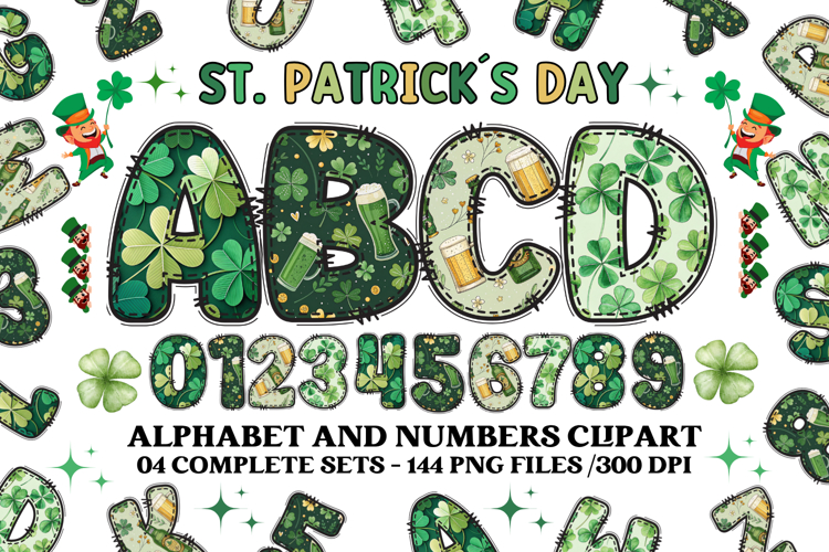 St patrick alphabet png clipart, st patrick letters doodle