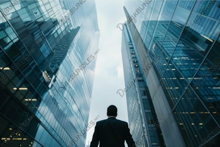 Businessman looking up at modern skyscrapers in the city