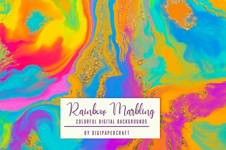 Rainbow marbling digital paper, Rainbow background, Pour Art example image 1